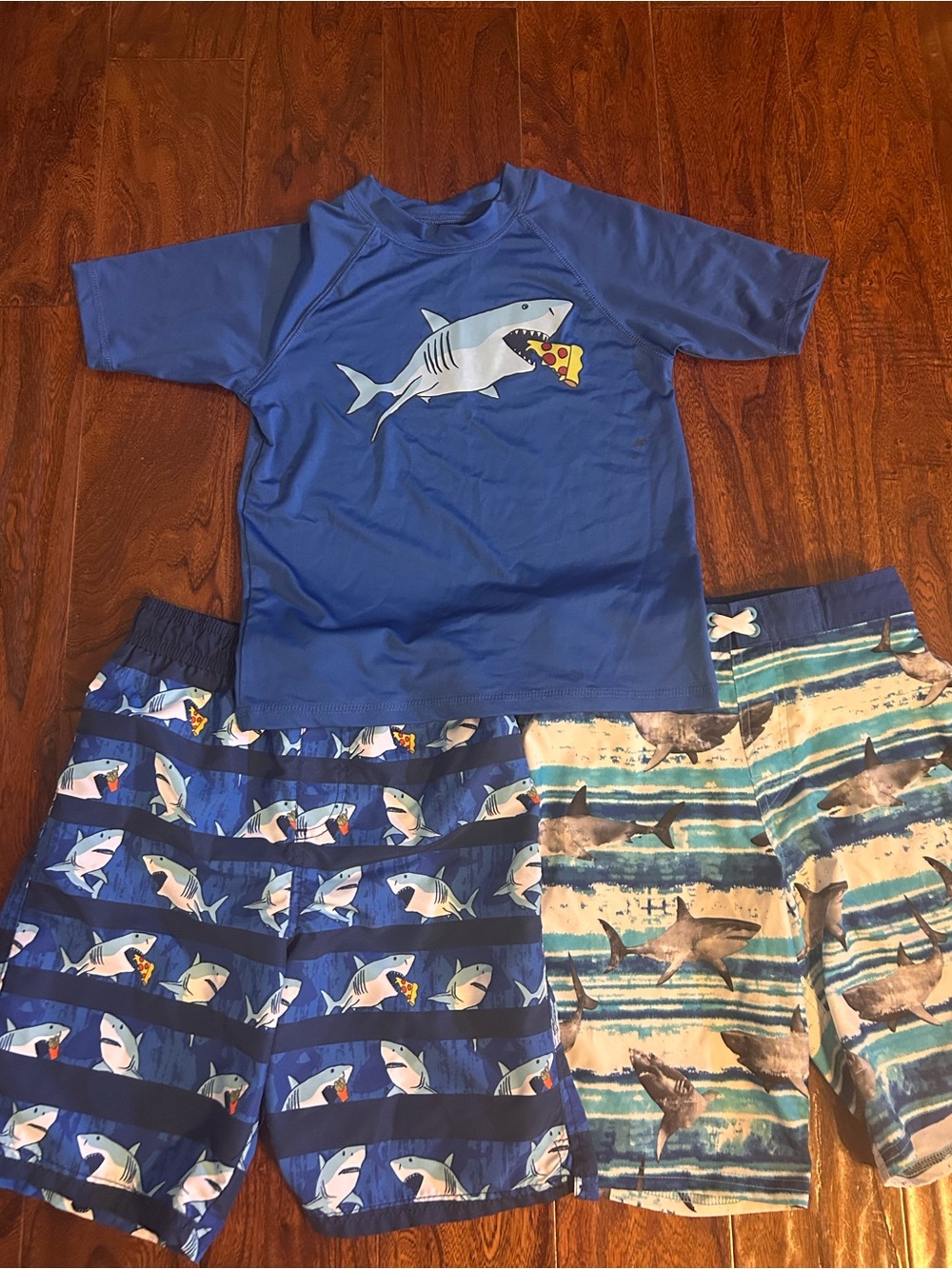 Boys 10/12 Navy Shark Rash Guard & Swim Trunks Set - Shark Print
